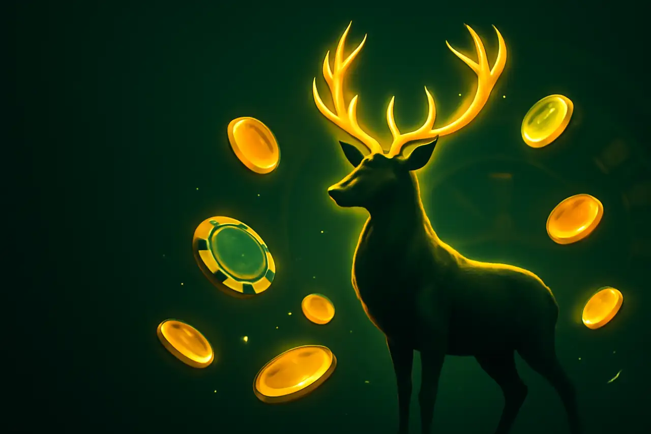 Spinstag Casino — hert met gouden gewei tussen casinofiches